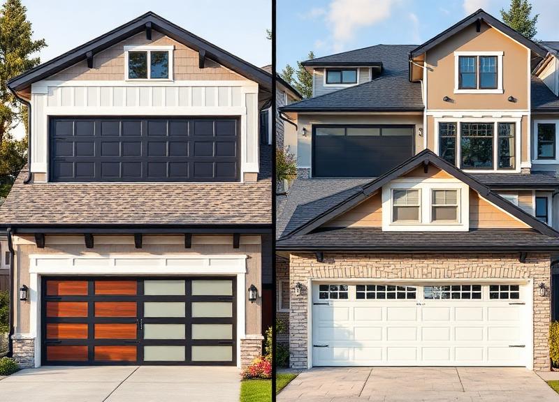 Various garage door styles on different home architectures showing design options