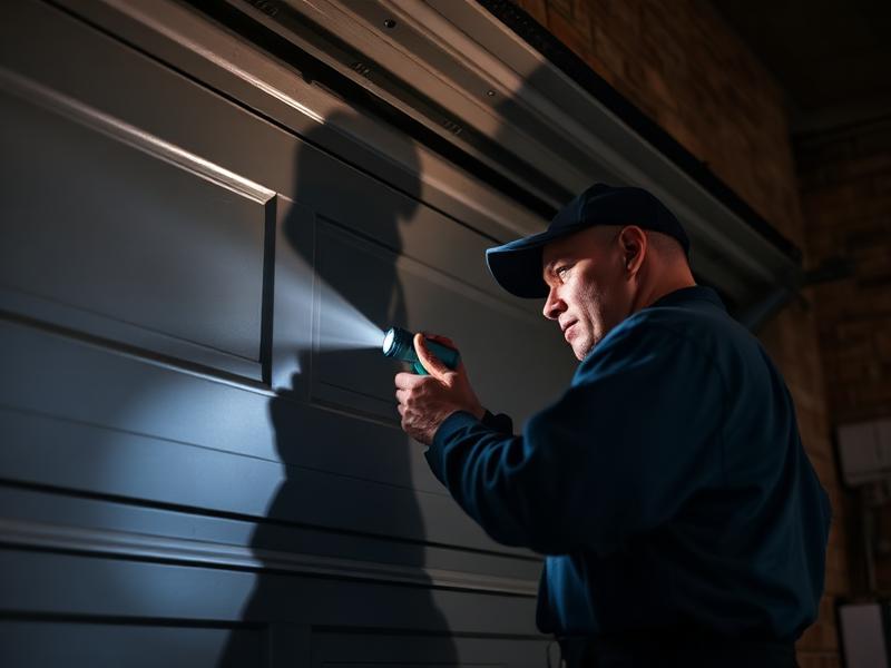 Emergency garage door repair service technician working at night with flashlight
