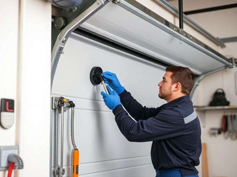 Technician performing garage door maintenance inspection and tune-up service